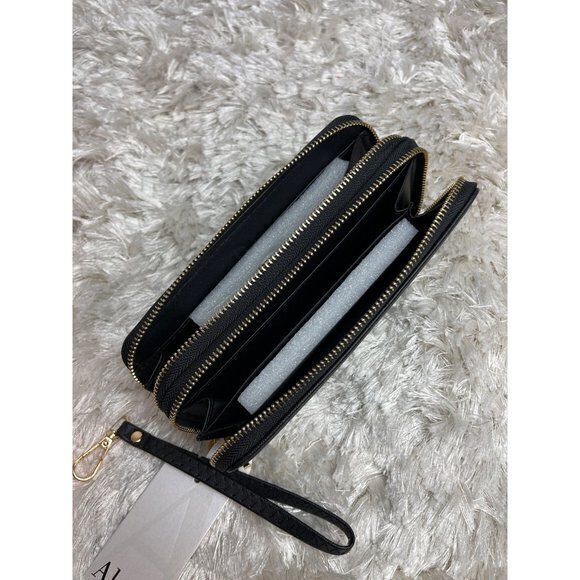 Alyssa Saffiano Material Double Zipper Black Wallet - Picture 10 of 12